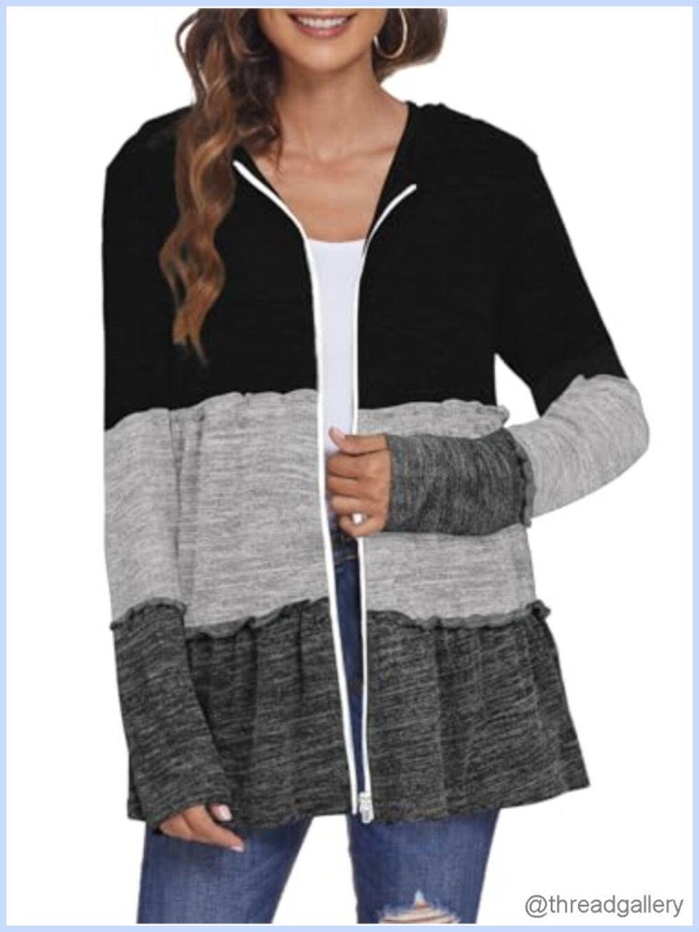 Full Zip Up Hoodie Pleated Tiered Ruffle Hooded Sweatshirt Jacket